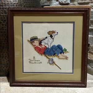 SOLD- Vintage framed Norman Rockwell Boy Fishing with Dog Cross Stitch